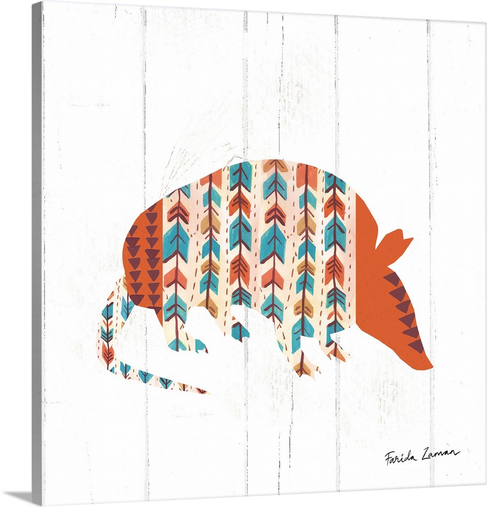 An illustration of an armadillos with a southwestern pattern on a white wood panel background.