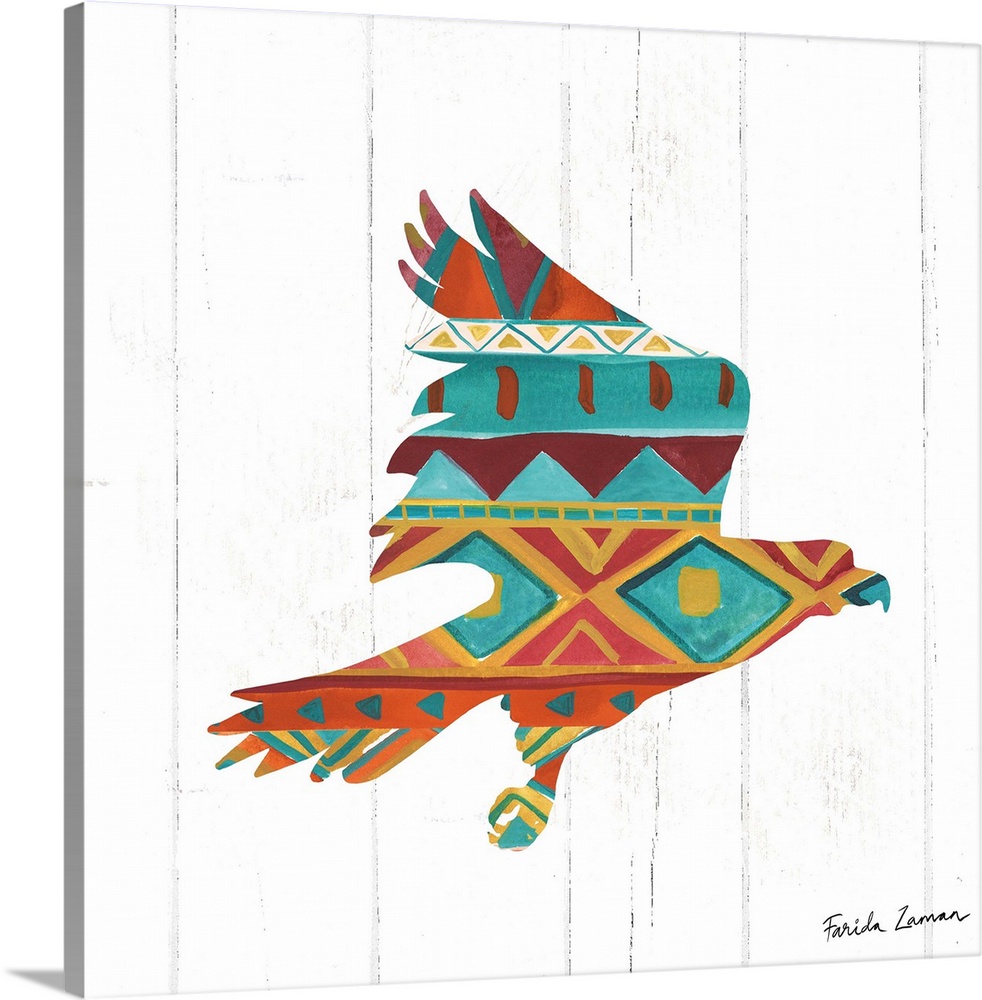 An illustration of a hawk with a southwestern pattern on a white wood panel background.