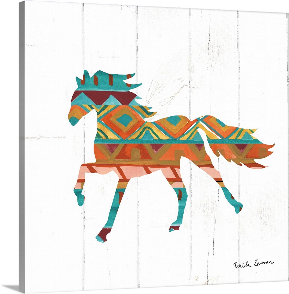An illustration of a horse with a southwestern pattern on a white wood panel background.