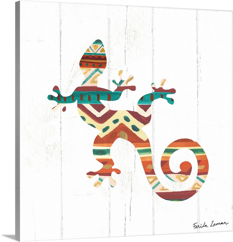 An illustration of a lizard with a southwestern pattern on a white wood panel background.