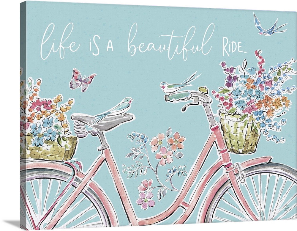 Decorative artwork of a bicycle with flowers and the words, 'Life is a beautiful ride'.