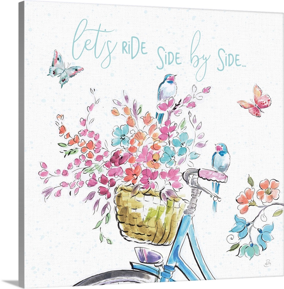 Decorative artwork of an illustrated bike with flowers and the words, 'Let's ride side by side...' above it.