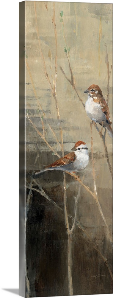 Vertical panoramic painting of two birds perched on branches at dawn.