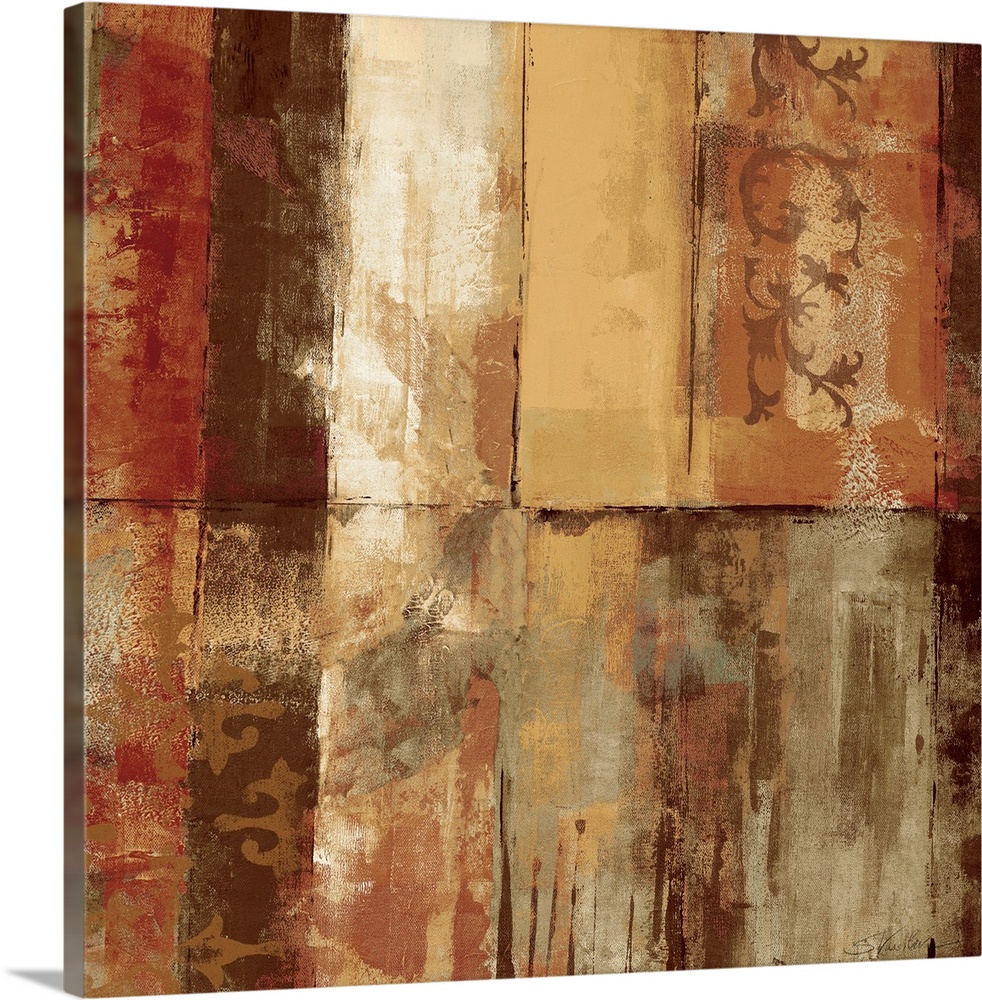 Heavily textured earth toned abstract painting of various colored rectangles with stenciled decorative marks.
