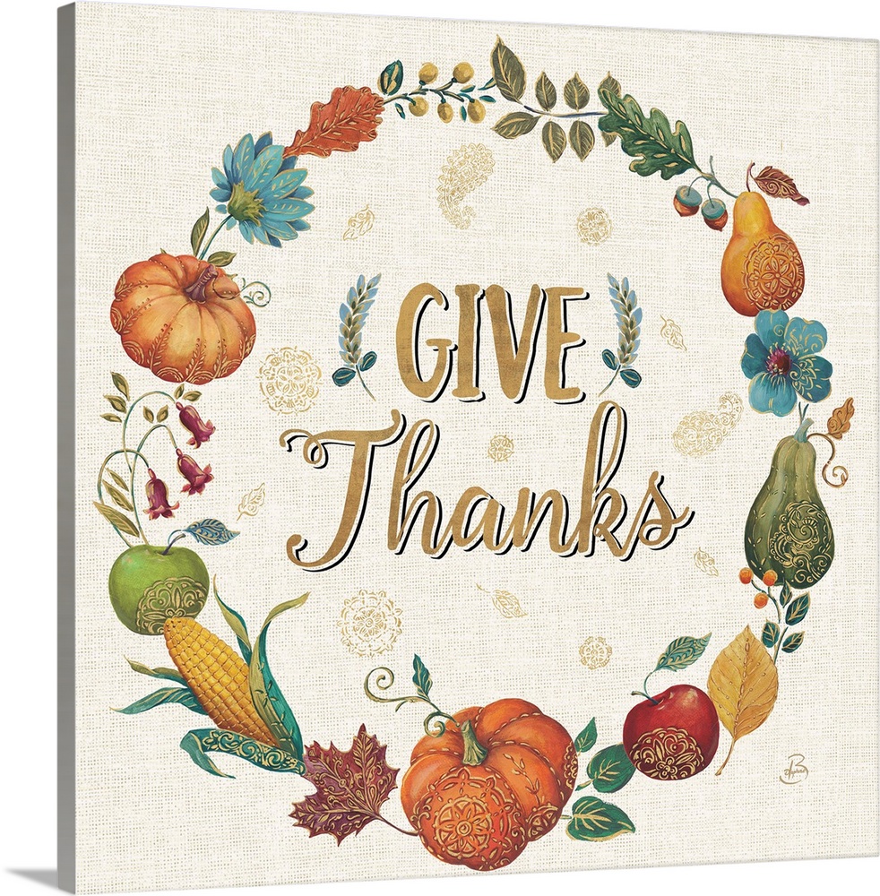 Square illustration of an Autumn harvest wreath with the text "Give Thanks" written in the center, all on a burlap backgro...