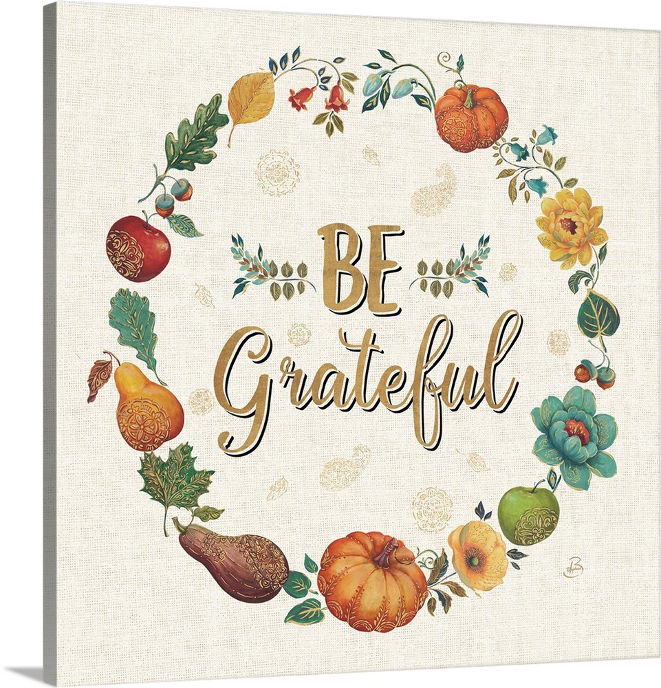 Square illustration of an Autumn harvest wreath with the text "Be Grateful" written in the center, all on a burlap backgro...