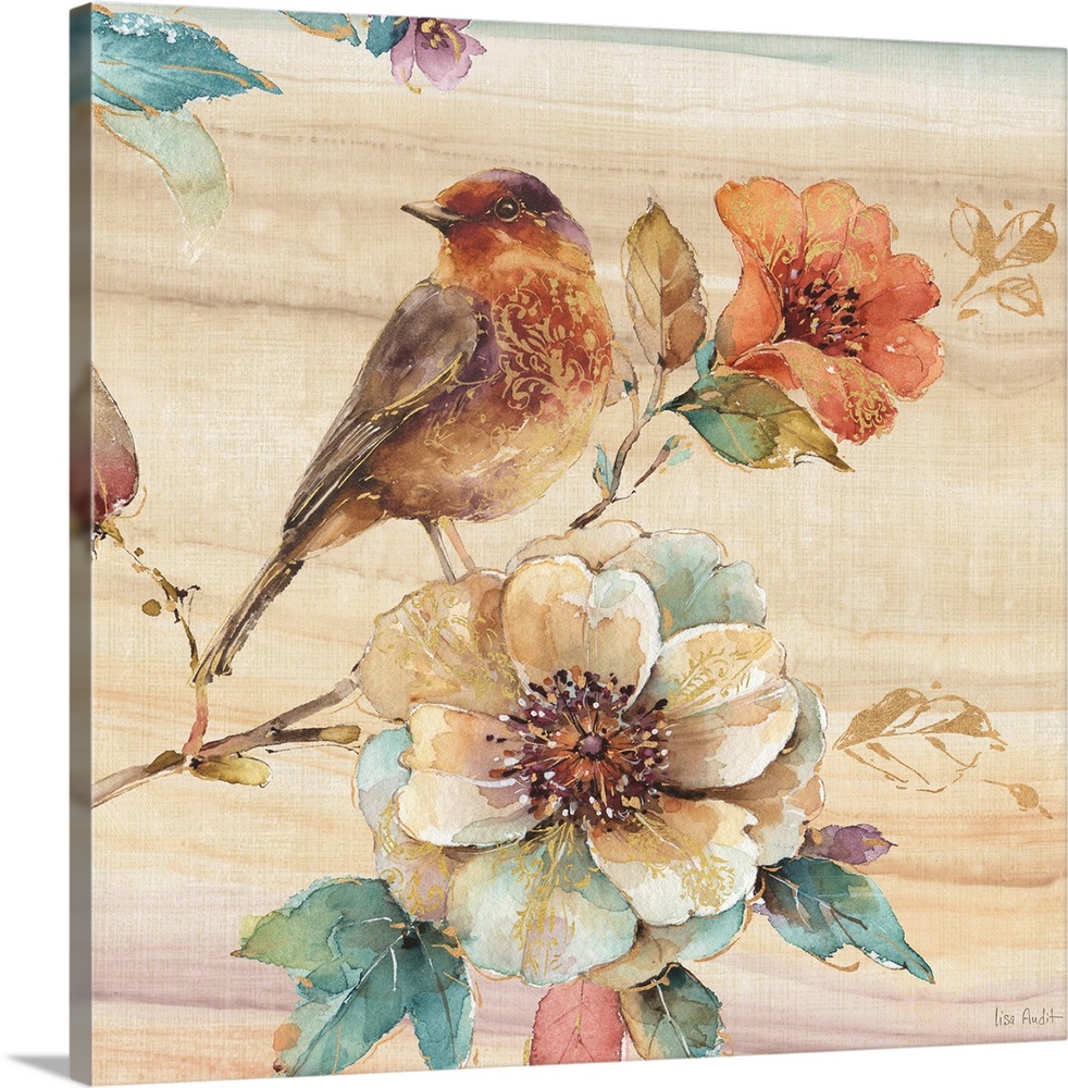 Contemporary square painting of a bird standing on a flower in warm tones of brown, red and green.