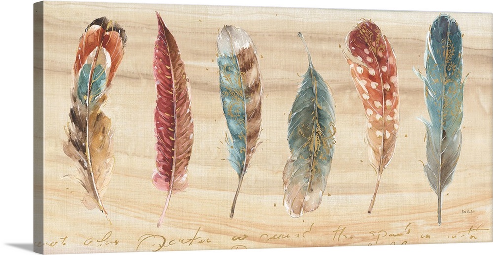 Contemporary painting of a bird feathers laying on a wood plank in warm tones of brown, red and blue.