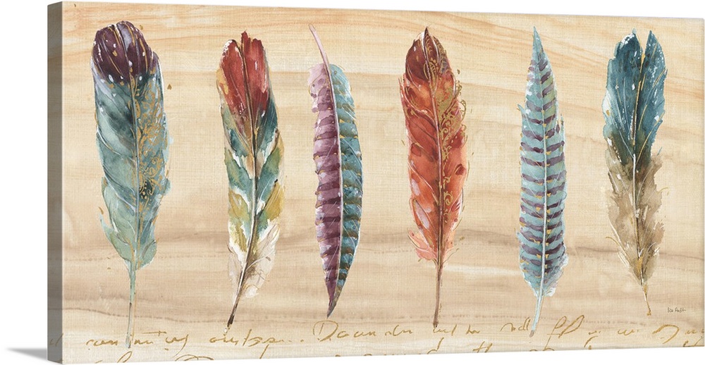 Contemporary painting of a bird feathers laying on a wood plank in warm tones of brown, red and blue.