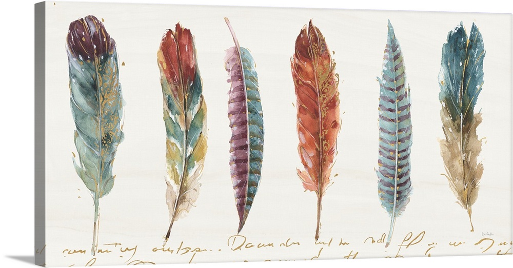 Contemporary painting of a bird feathers laying on a white background in warm tones of brown, red and blue.