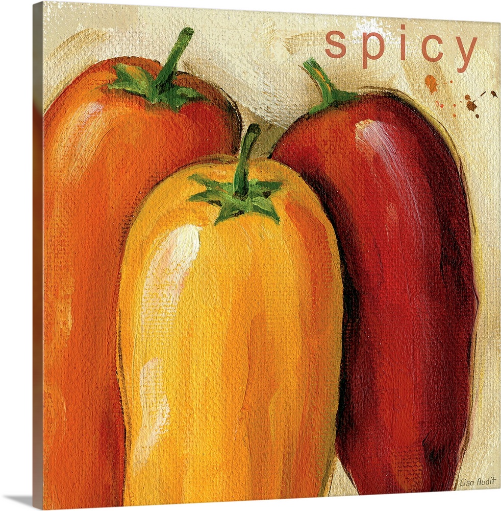 Painting on canvas of different colored peppers with smooth brush strokes.