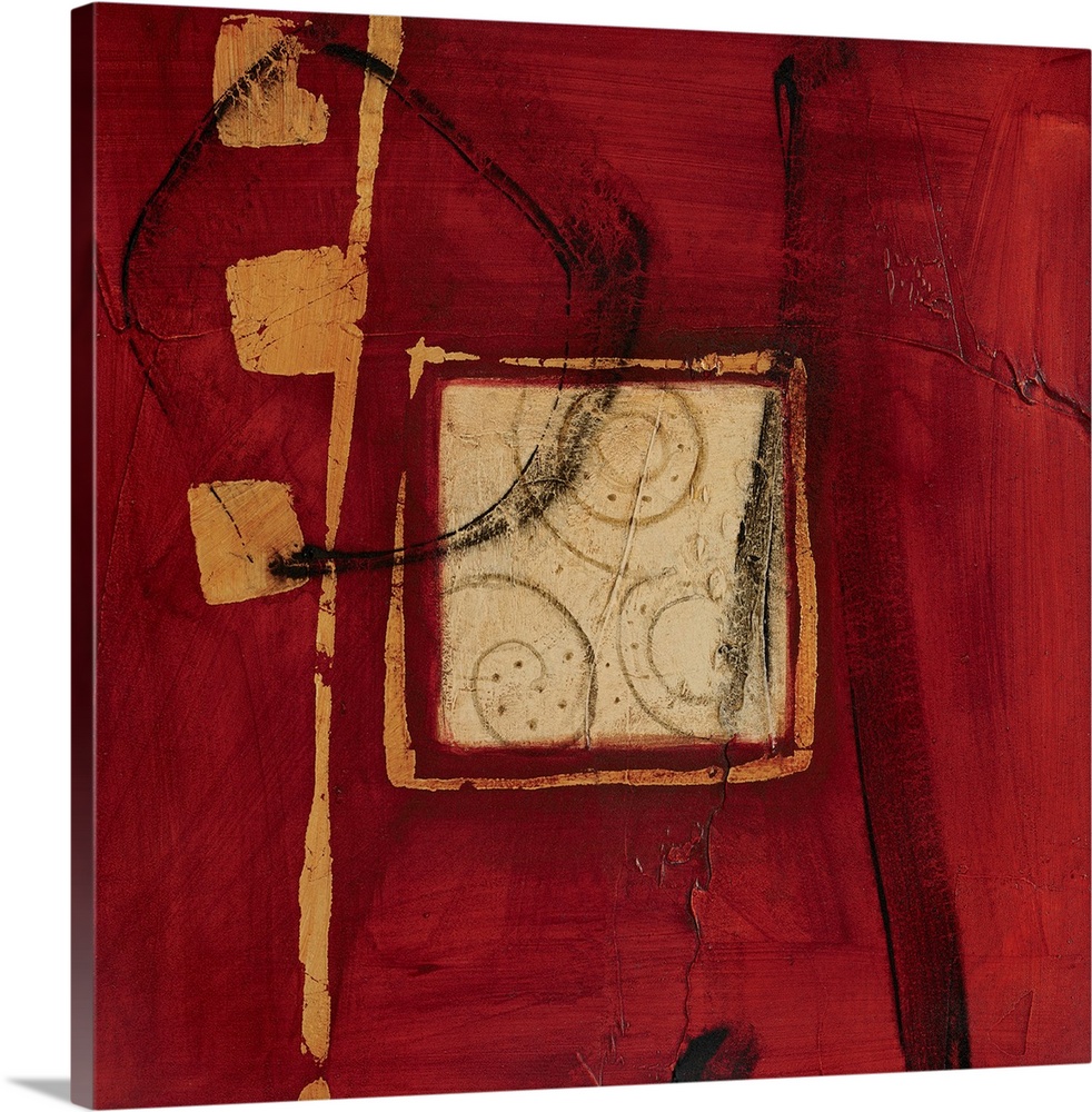 Abstract artwork with a deep red background that has several squares painted over it with streaks of black and gold painte...