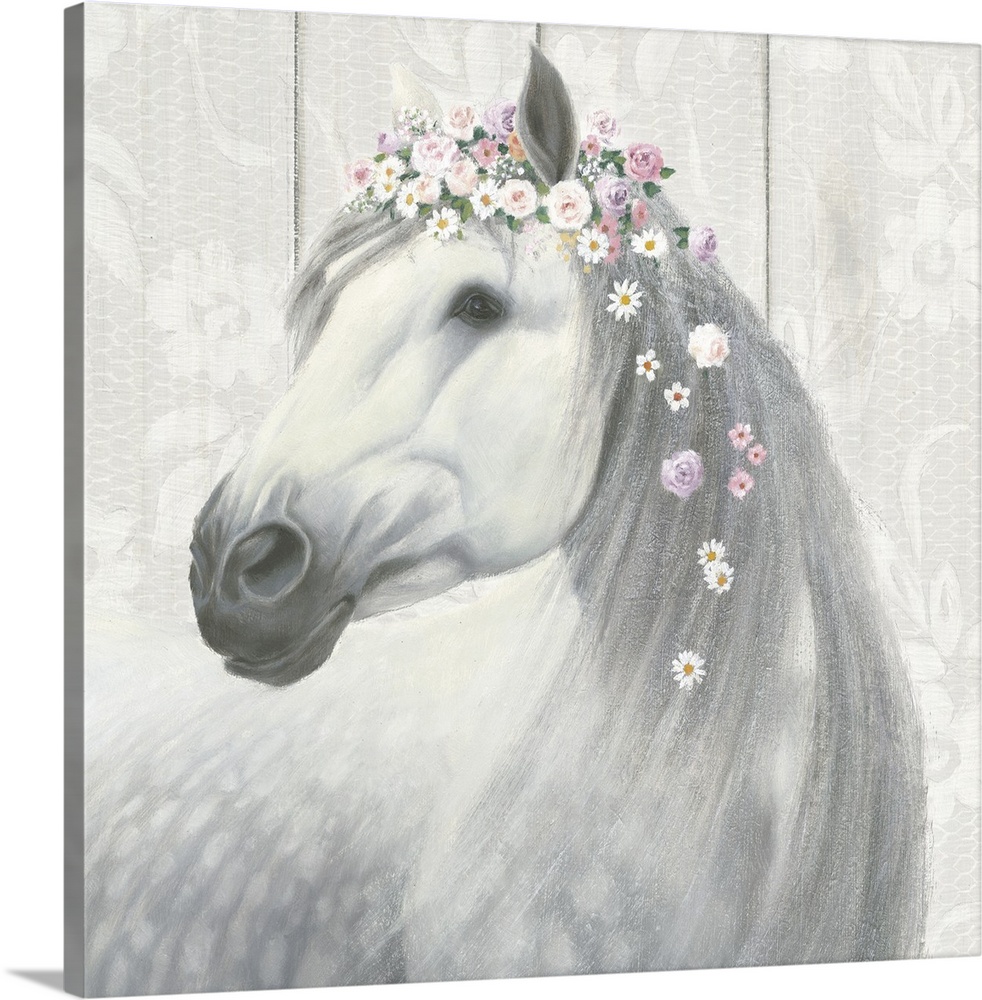 Square painting of a white and gray horse wearing flowers in its mane on a floral patterned wood paneled background.