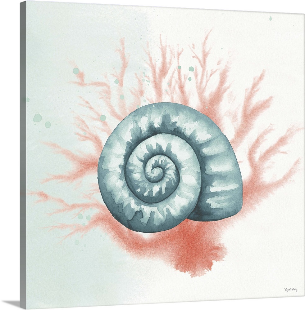 Watercolor painting of a seashell and coral in blue and pink hues on a square background.