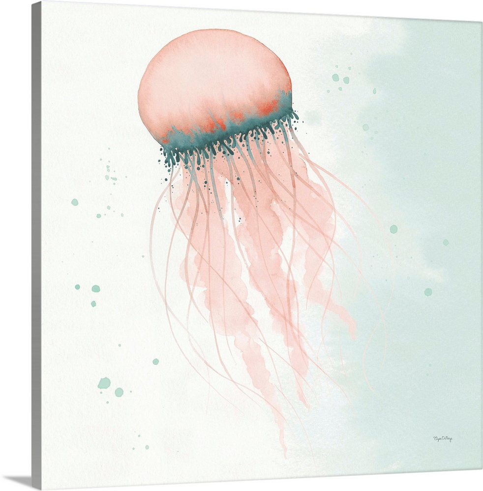 Watercolor painting of a jellyfish swimming in blue and coral hues on a square background.