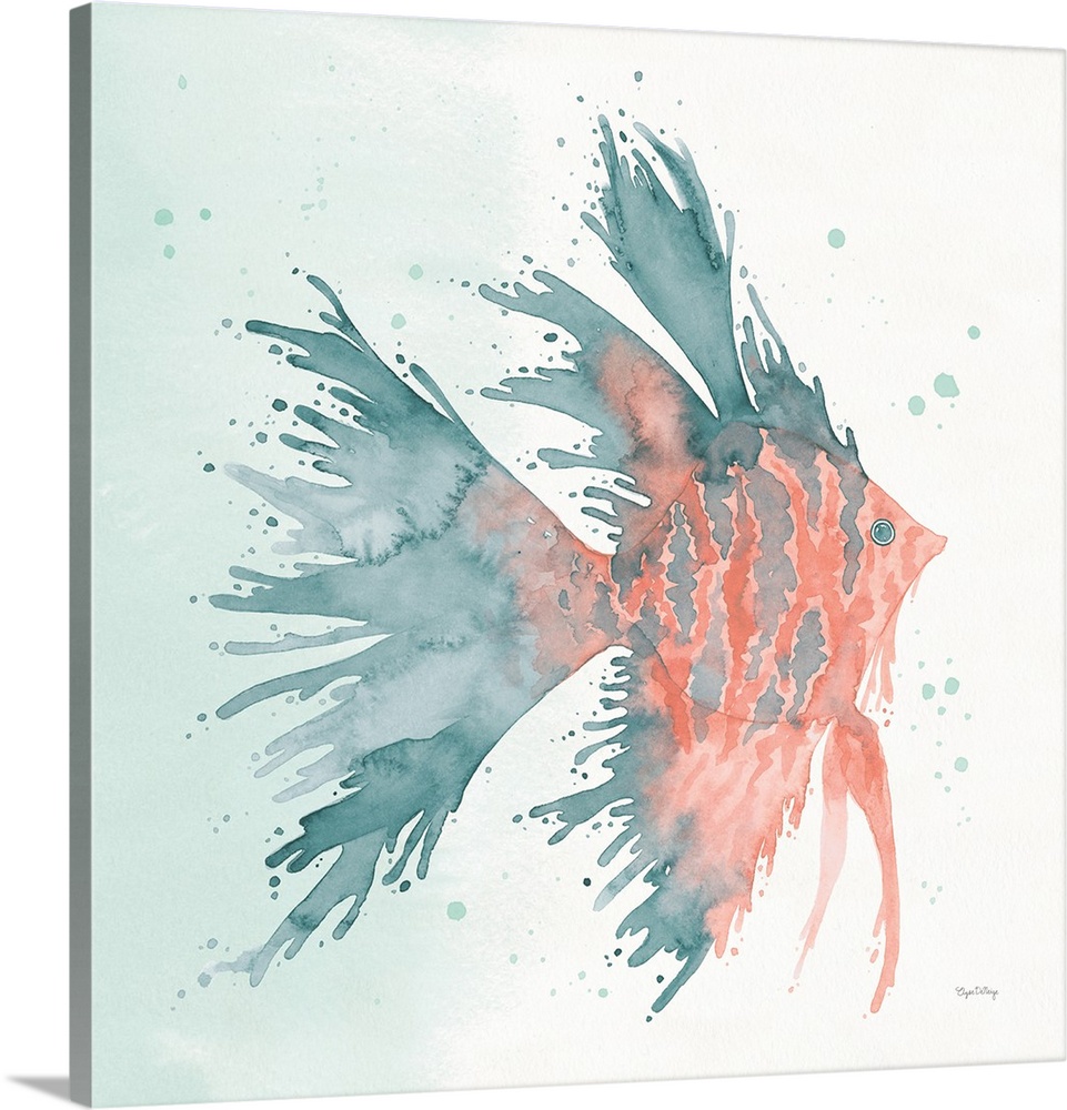 Watercolor painting of a tropical fish in blue and coral hues on a square background.