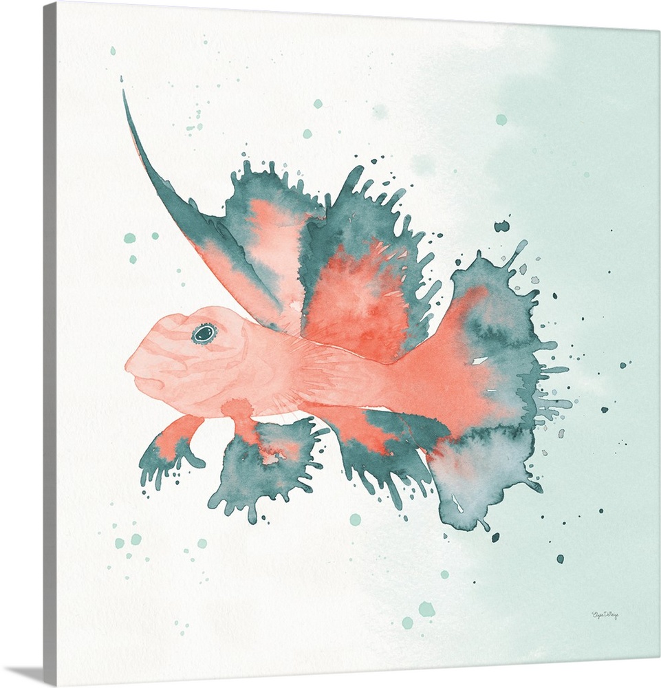 Watercolor painting of a fish in blue and coral hues on a square background.
