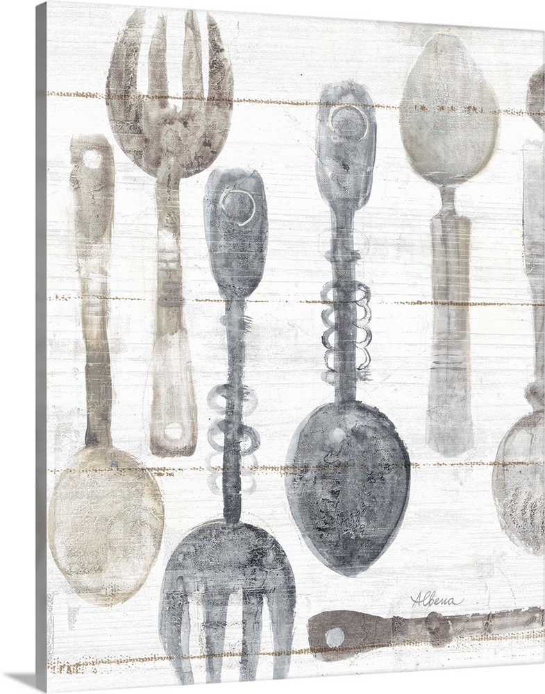 Decorative artwork featuring watercolor cutlery against white shiplap.