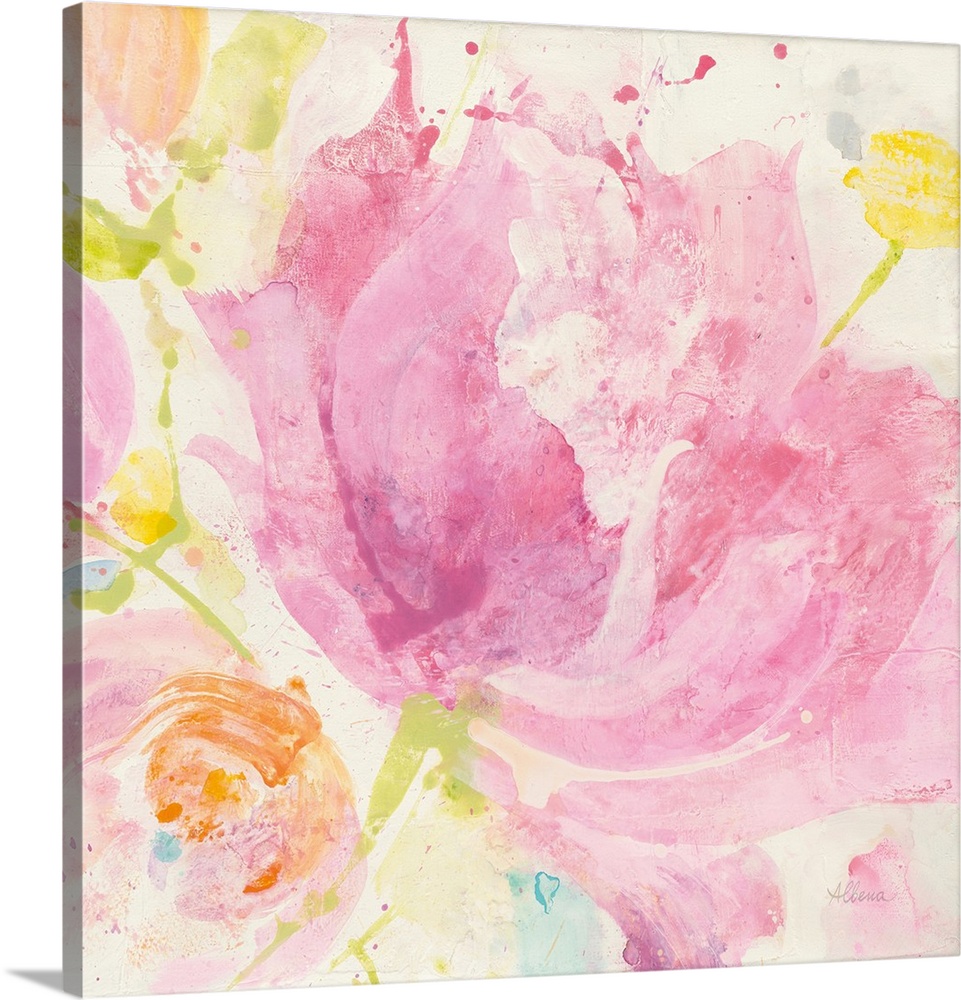 Square abstract painting of colorful Spring flowers on a white background.