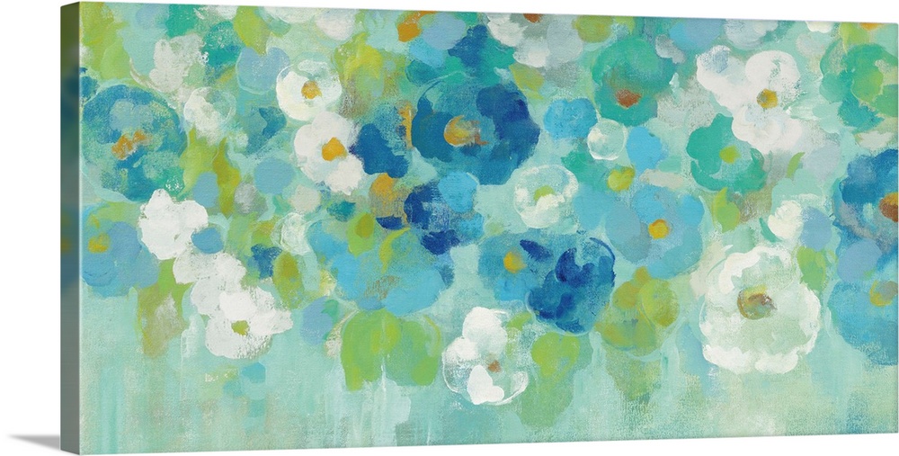 Contemporary painting of blue, green and white flowers against a bright green background.