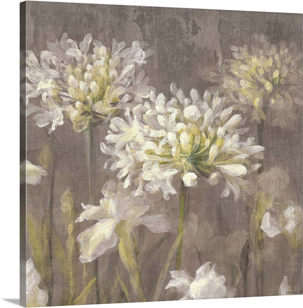 Contemporary painting of white flowers on a tan background.