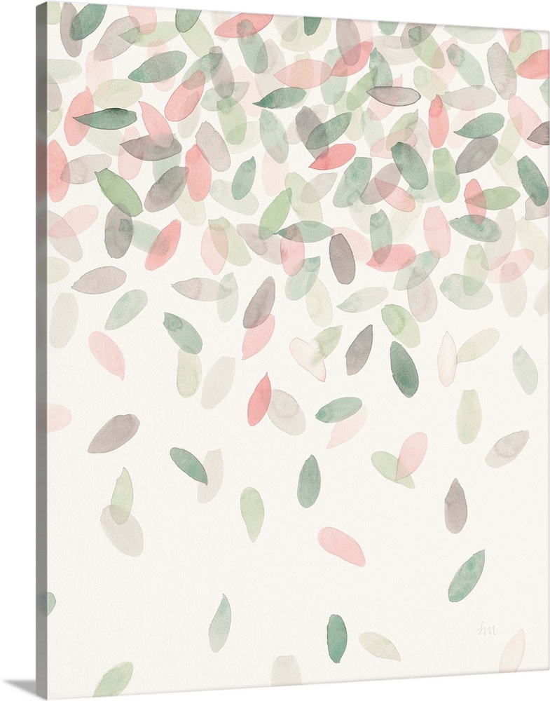 Watercolor painting of green, gray, and pink leaves falling from the top to the bottom of the canvas.