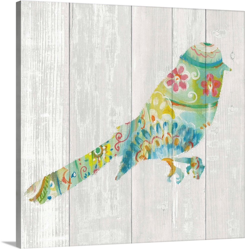 Colorful paisley patterned bird against a white washed wood plank background.