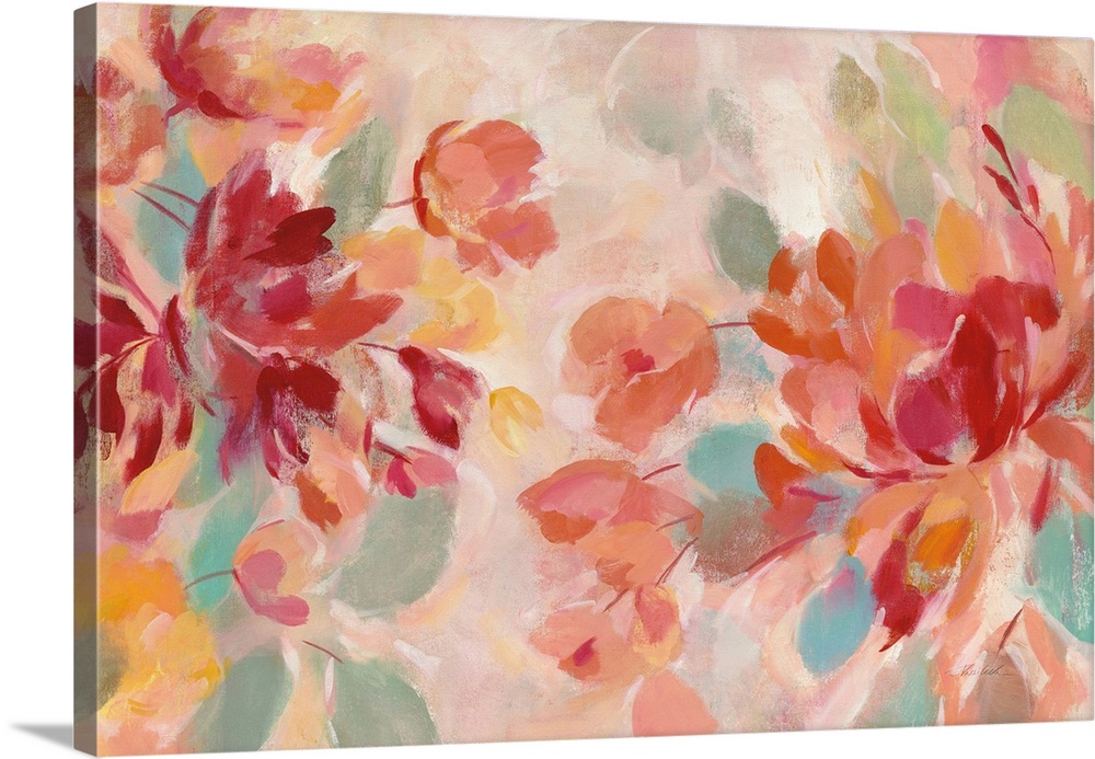 Abstract painting of pink and red flowers with hints of warm orange, blue, green, and yellow hues.