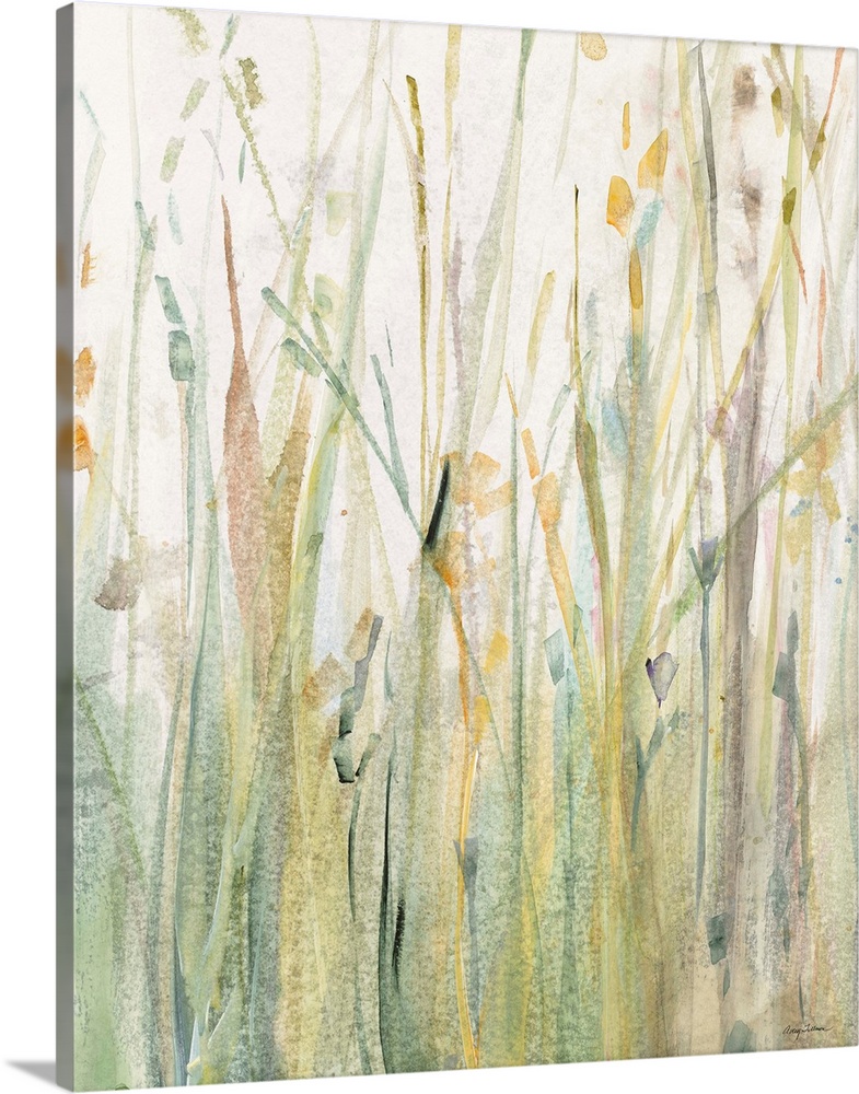Large watercolor painting of tall, Spring grass in shades of green, yellow, and blue.
