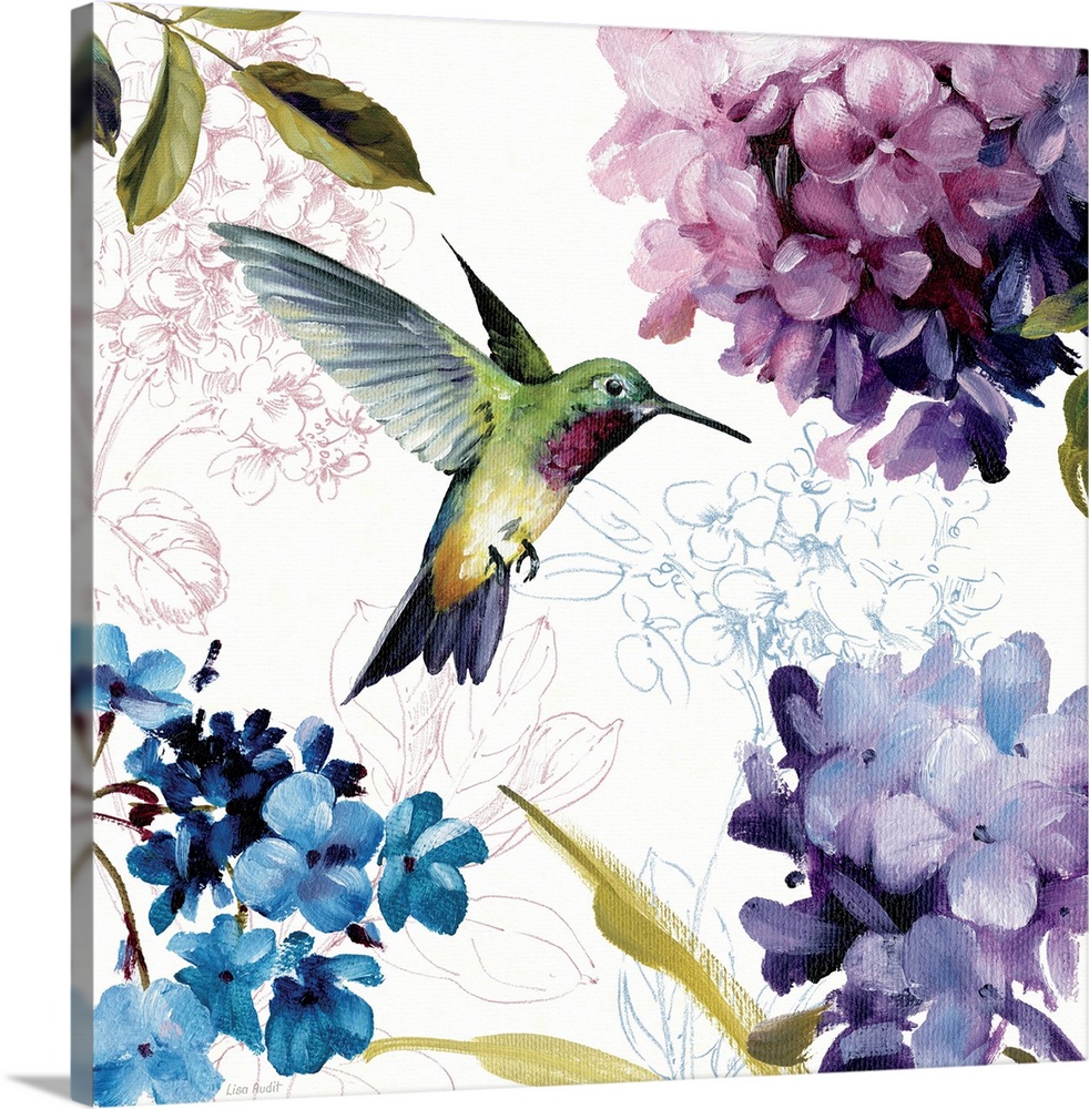 Home docor painting of a hummingbird in flight surrounded by hydrangea flower blooms.
