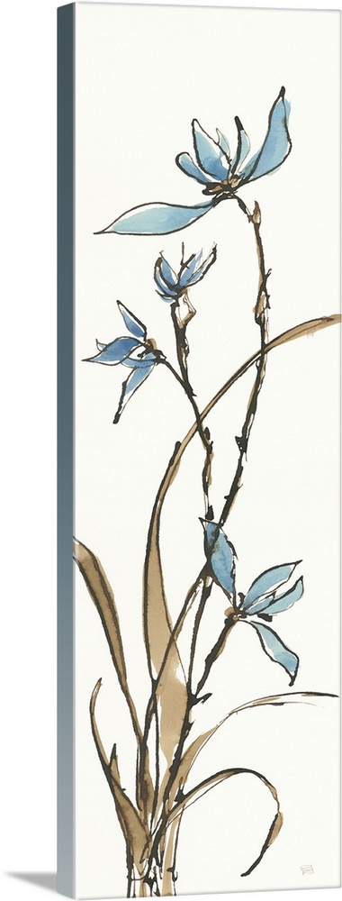 Tall, rectangular watercolor painting of orchids in tan and blue on a solid white background.