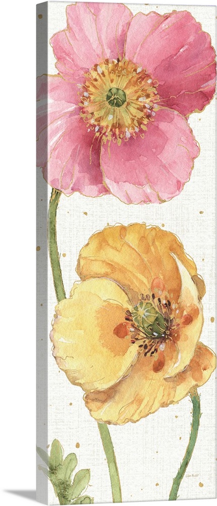 Contemporary painting of bright blooming flowers in pink and yellow.