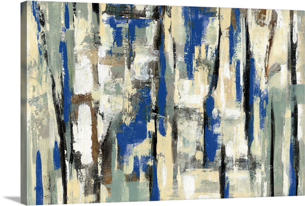Large abstract painting with layers of blue, tan, white, gold, and black hues.