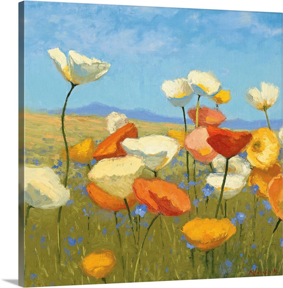 Contemporary painting of flowers in a green field, with a blue sky above.