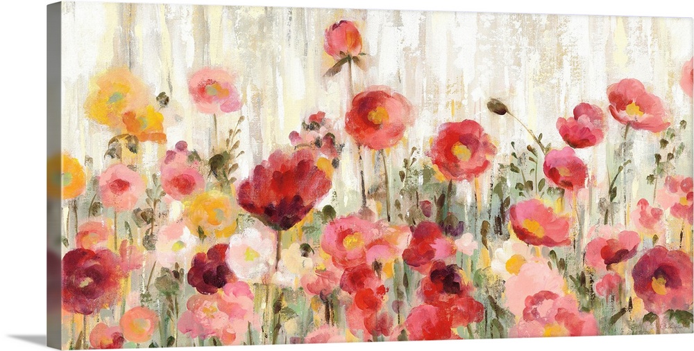 Contemporary painting of warm pink, red, and yellow wildflowers in a field with a streaked background made with brown, cre...