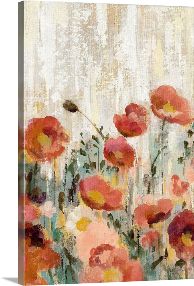 Painting of multi-colored blooming flowers in a garden with streaks of neutral tones in the background.