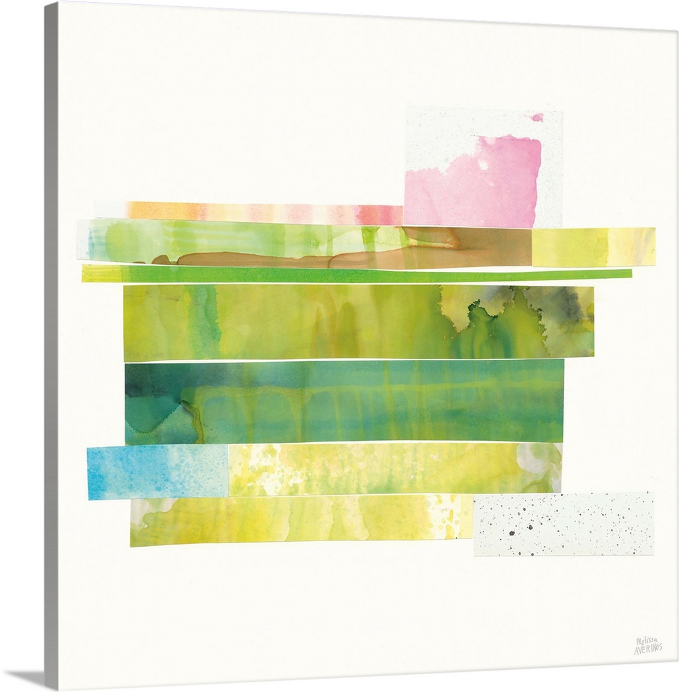 Contemporary artwork featuring rectangular sections of bright watercolors arranged in a cohesive stack.