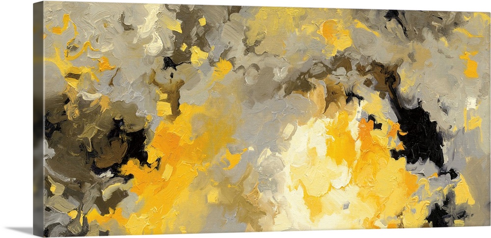 Contemporary abstract painting in yellow and black.