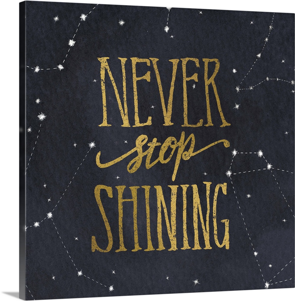 Handlettered text in gold over a night sky full of constellations.