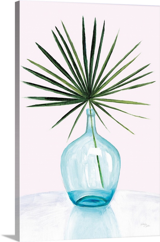 Vertical contemporary painting of a palm leaf in a glass vase.