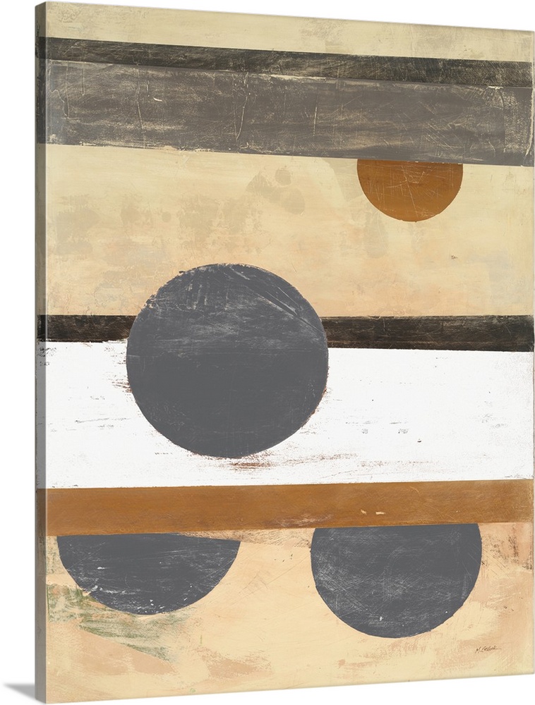 Abstract painting with a striped background and circles on top in neutral colors.