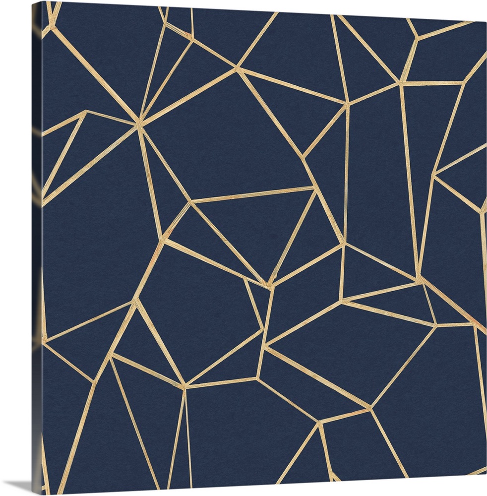 A square design of geometric lines in gold on a navy background.