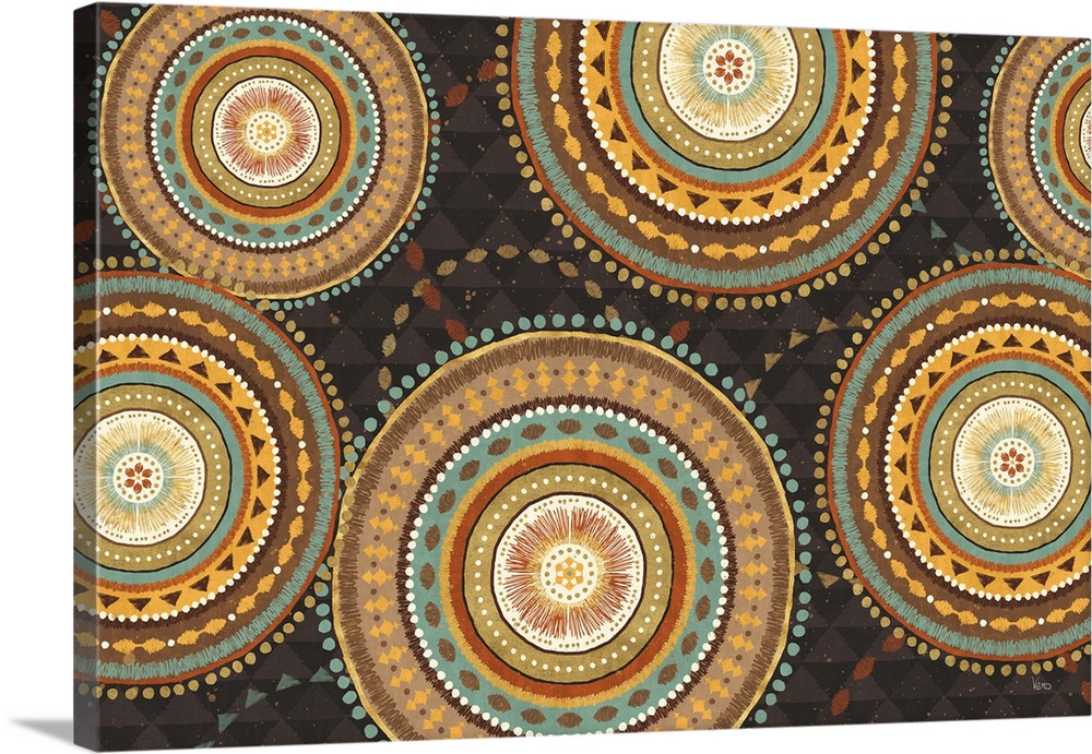 A decorative design of multi-colored patterned medallions in warm earth tones on a triangle pattern background.