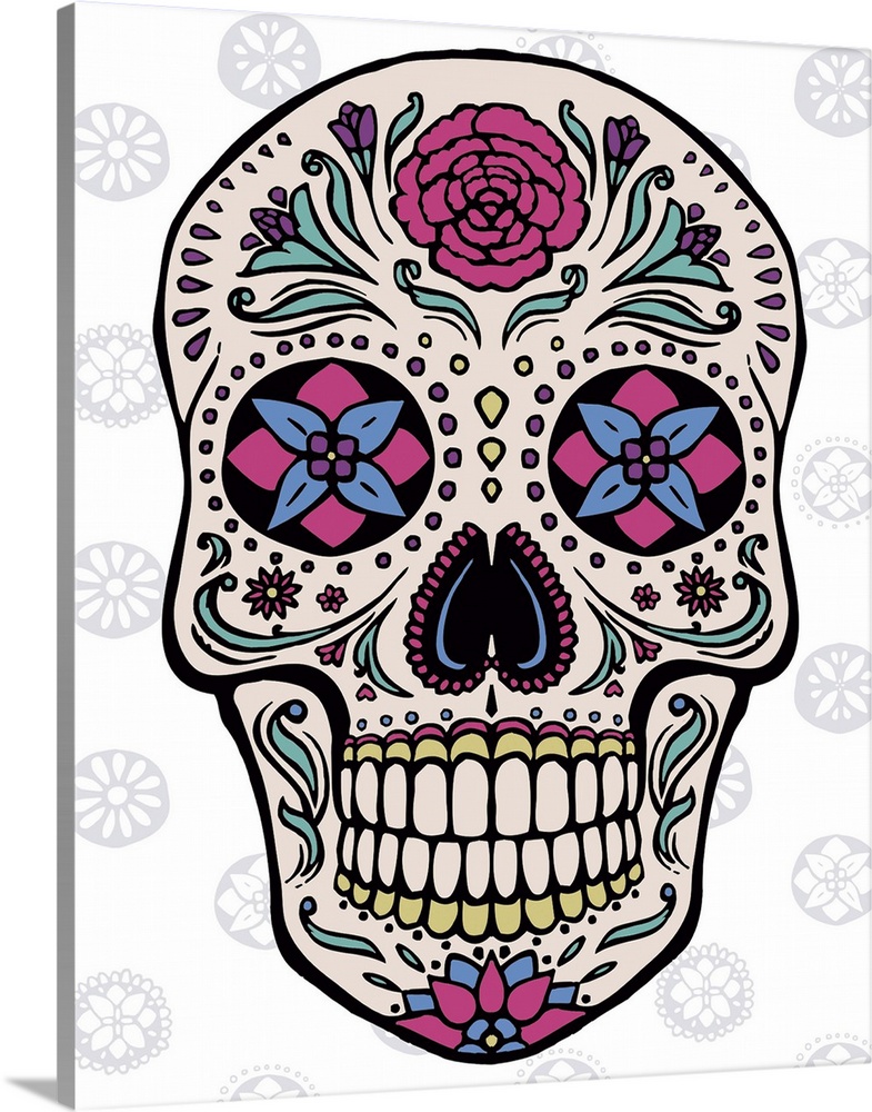 Contemporary colorful artwork of a sugar skull with elaborate designs against a patterned background.