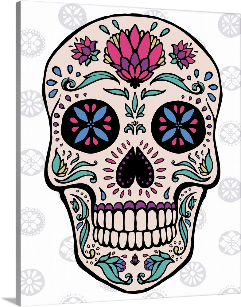 Contemporary colorful artwork of a sugar skull with elaborate designs against a patterned background.
