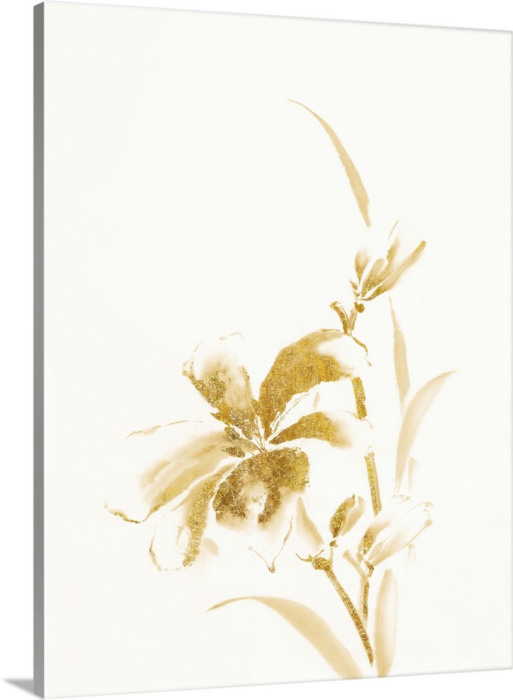 Vertical watercolor painting of a day lily in metallic gold against a white background.