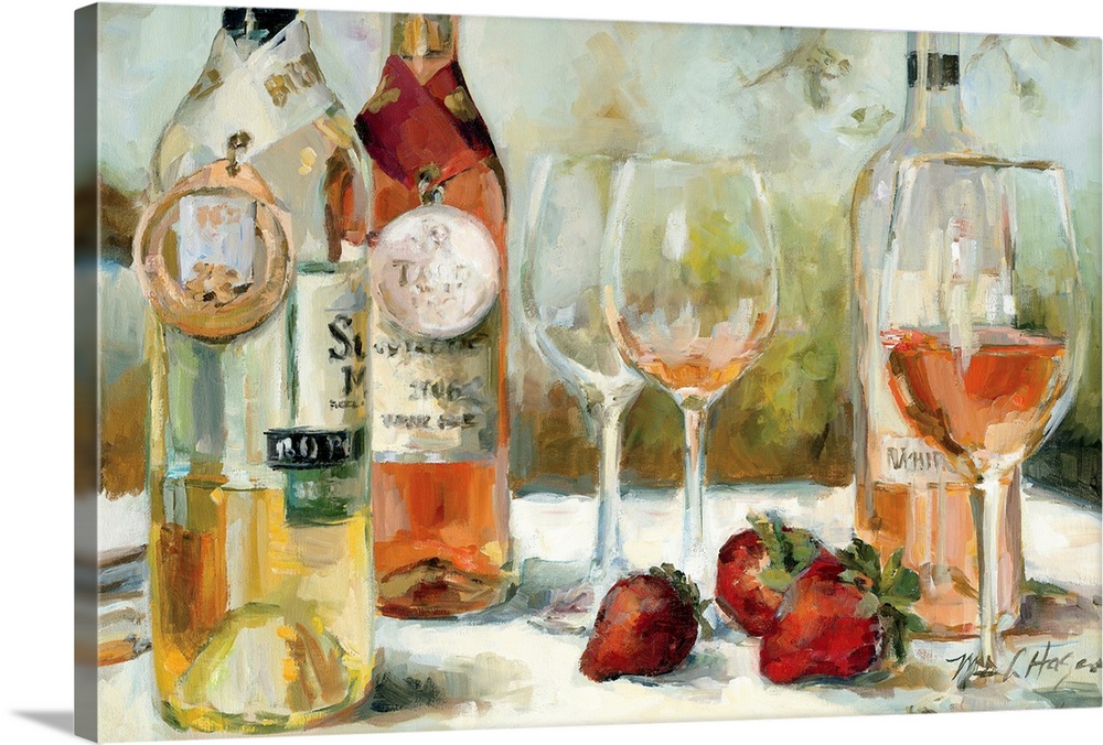 Decorative art for the kitchen a still life painting of three rose and white wines on a table with three strawberries.