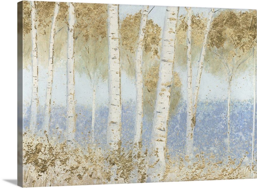 Contemporary painting of a woodland scene of birch trees in a forest.