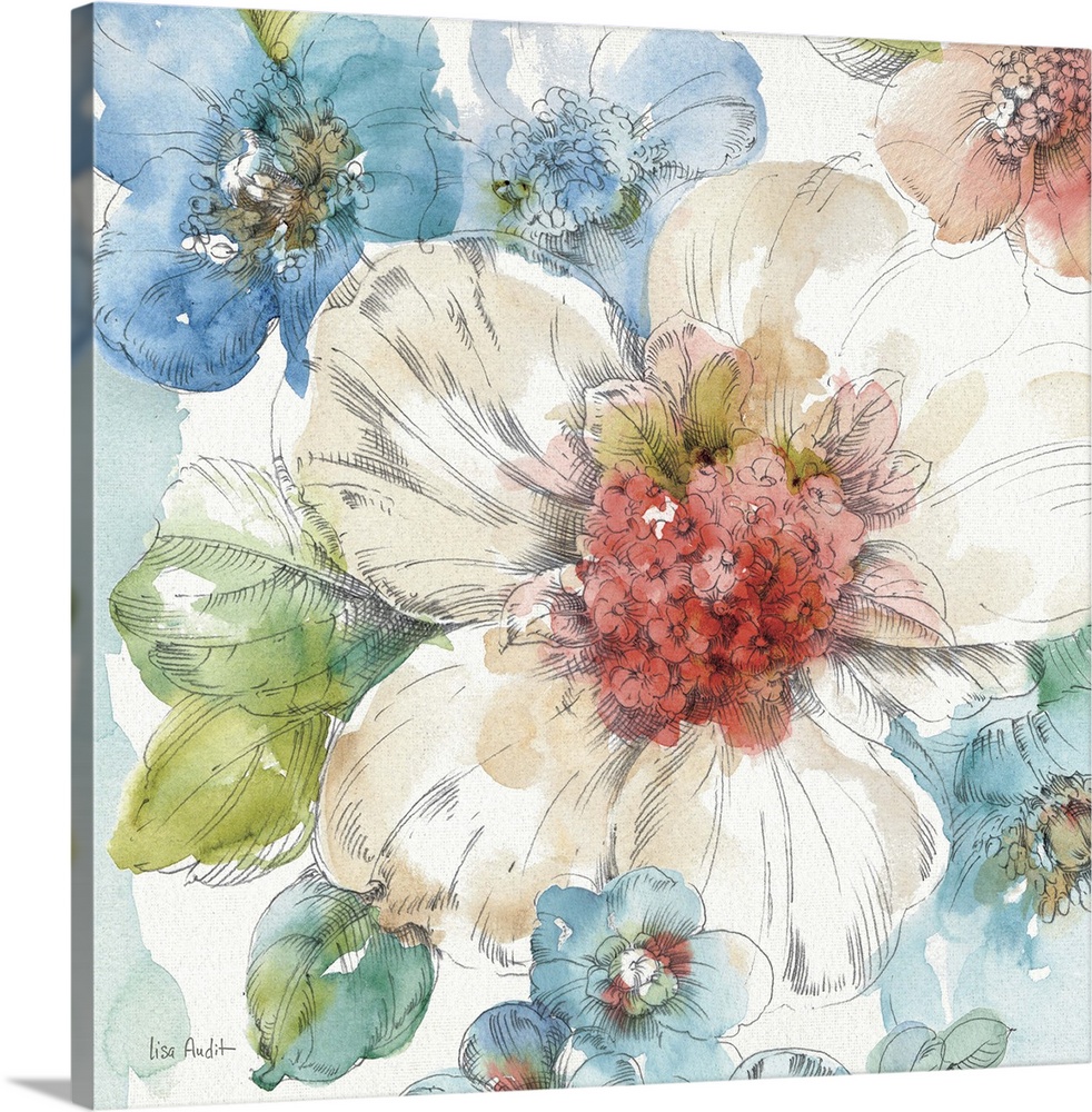 Contemporary watercolor artwork of big beautiful flowers against a white background.
