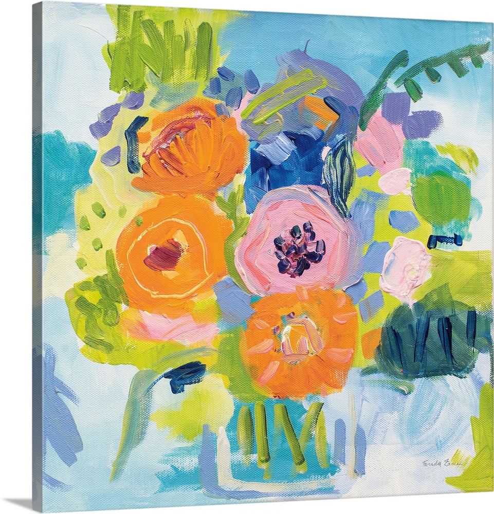 Square painting of a bouquet of abstract Summer flowers in a vase on a background in shades of blue and white.